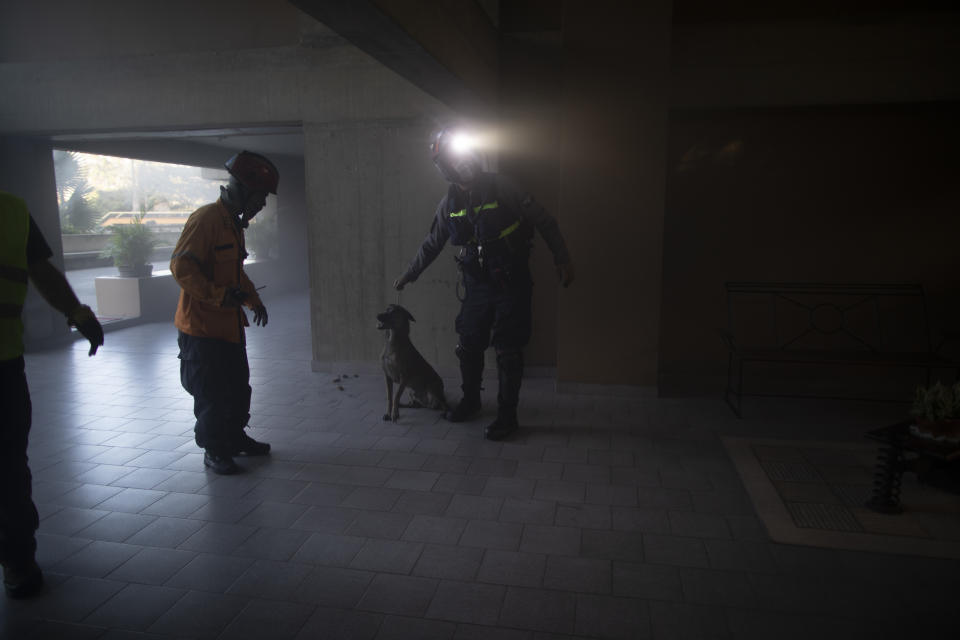 Angels of the Road volunteer paramedic Jonathan Quantip, right center, calms a dog that became agitated after a parking lot car fire at residential building in Caracas, Venezuela, Monday, Feb. 8, 2021. Quantip, 44, said he and co-founder Zuly Rodiz launched the project two years ago after watching their country precipitously decline over years of political and social crisis. (AP Photo/Ariana Cubillos)