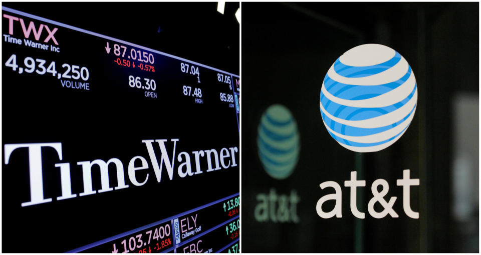 A combination photo shows the Time Warner shares price at the New York Stock Exchange and AT&T logo in New York, NY, U.S., on November 15, 2017 and on October 23, 2016 respectively. REUTERS/Lucas Jackson (L) and REUTERS/Stephanie Keith