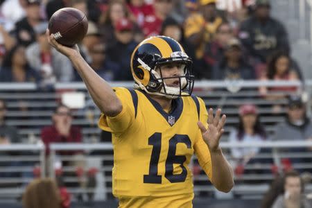 September 21, 2017; Santa Clara, CA, USA; Los Angeles Rams quarterback Jared Goff (16) passes the football against the San Francisco 49ers during the second quarter at Levi's Stadium. Mandatory Credit: Kyle Terada-USA TODAY Sports