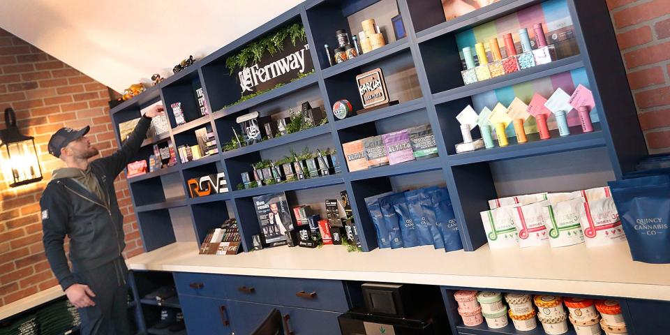 Quincy Cannabis Co. Sales Manager Vinnie DiMento stocks shelves. Quincy's first recreational marijuana shop launched a soft opening on Saturday evening, March 11, at its location on the Route 3A rotary near the Fore River Bridge.