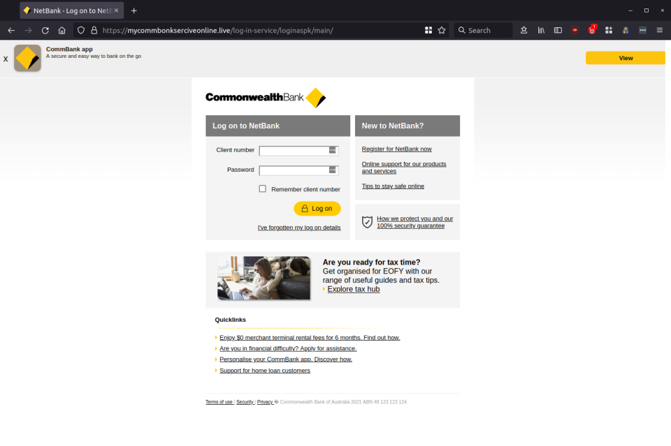 Screenshot of fake Commonwealth Bank login page