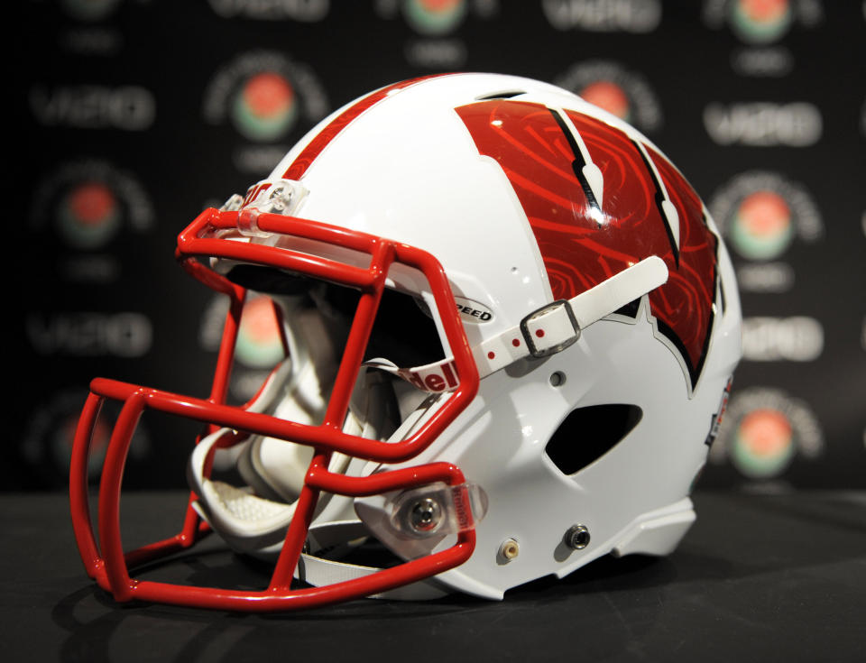 Dec 30, 2011; Los Angeles, CA, USA; General view of the Wisconsin Badgers helmet for the 2012 Rose Bowl at media day at the Marriott Los Angeles Downtown. Mandatory Credit: Kirby Lee/Image of Sport-USA TODAY Sports