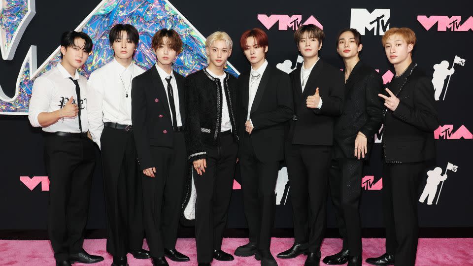 South Korean boy band Stray Kids, nominated in the Best K-Pop category, were smartly coordinated in black and white ensembles. - Dia Dipasupil/FilmMagic/Getty Images