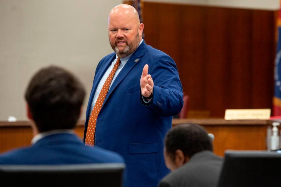 Assistant District Attorney George Huffman points to the defendant, Joseph David Heard, as he addresses the jury during the trial of Joseph David Heard in Harrison County Circuit Court in Biloxi on Wednesday, May 8, 2024. Heard faces capital murder charges in the death of his 2-year-old stepson Hayden Bataille.