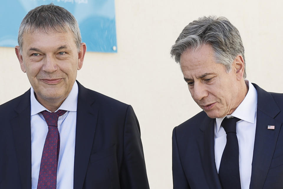 U.S. Secretary of State Antony Blinken italks with UN Relief and Works Agency for Palestine Refugees in the Near East (UNRWA) Commissioner-General Philippe Lazzarini, during a day of meetings about the ongoing conflict between Israel and the Palestinian Islamist group Hamas, in Amman, Jordan, Saturday, Nov. 4, 2023. (Jonathan Ernst/Pool photo via AP)