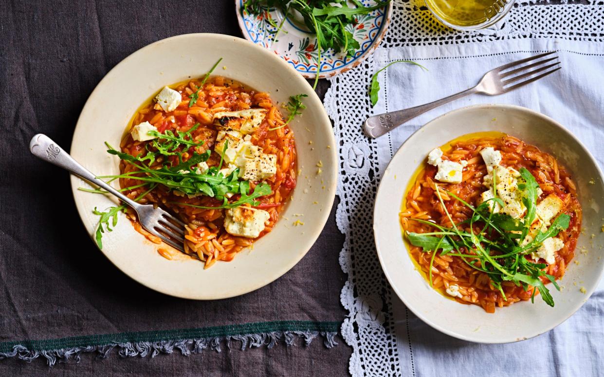 Oozy tomato orzo with roasted feta recipe - Steven Joyce