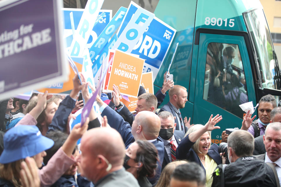 TORONTO, ON- MAY 16  -  NDP Leader Andrea Horwath arrives. Supporters and protesters gather outside the TVO offices which will be the site of the Provincial election leaders debate  in Toronto. May 16, 2022.        (Steve Russell/Toronto Star via Getty Images)