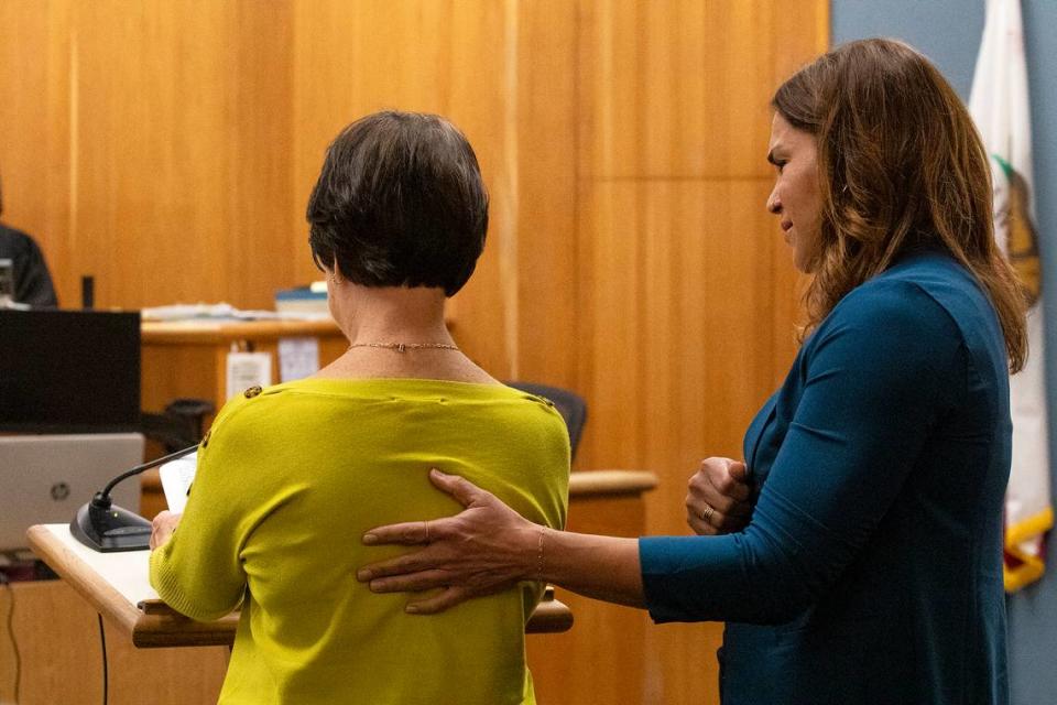 Jennifer Besser’s mother Pati Blevins gives a witness statement while Matthew Chachere’s sister Nicole Matthews lends her support at Daniel Saligan Patricio’s sentencing on April 9, 2024, at San Luis Obispo Superior Court. Saligan Patricio admitted to striking Matthew Chachere, 39, and Jennifer Besser, 36, with his car on Nov. 21, 2022. He was sentence to 5 years and 4 months in prison. Laura Dickinson/ldickinson@thetribunenews.com