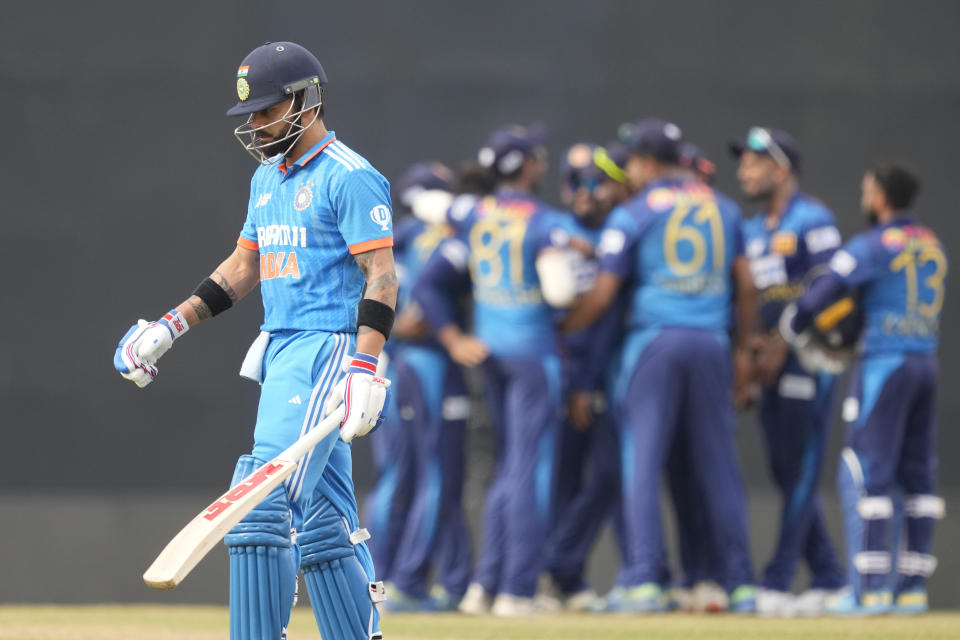 India's Virat Kohli walks to pavilion after being dismissed during the Asia Cup cricket match between Sri Lanka and India in Colombo, Sri Lanka, Tuesday, Sept. 12, 2023. (AP Photo/Eranga Jayawardena)