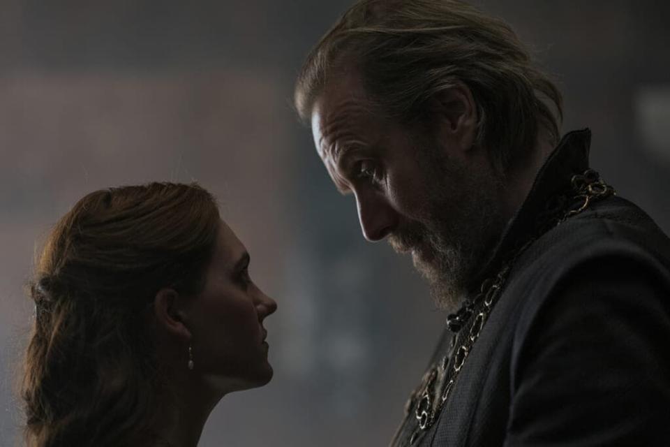 Emily Carey as Alicent Hightower and Rhys Ifans as Otto Hightower in "House of the Dragon" Episode 1 (HBO)