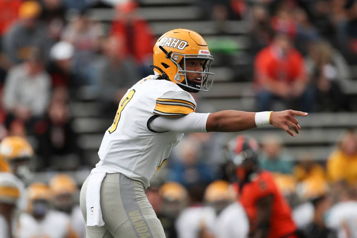 Idaho quarterback CJ Jordan (8) calls out a play during the first half of an NCAA college football game against Oregon State on Saturday, Sept. 18, 2021, in Corvallis, Ore. Oregon State won 42-0. (AP Photo/Amanda Loman)