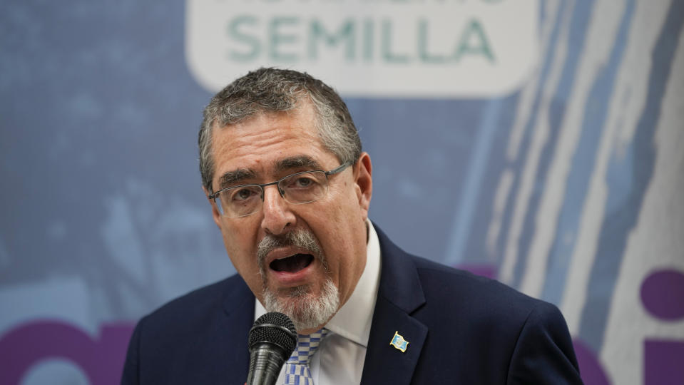 President-elect Bernardo Arévalo gives a press conference in Guatemala City, Friday, Sept. 1, 2023. (AP Photo/Moises Castillo)