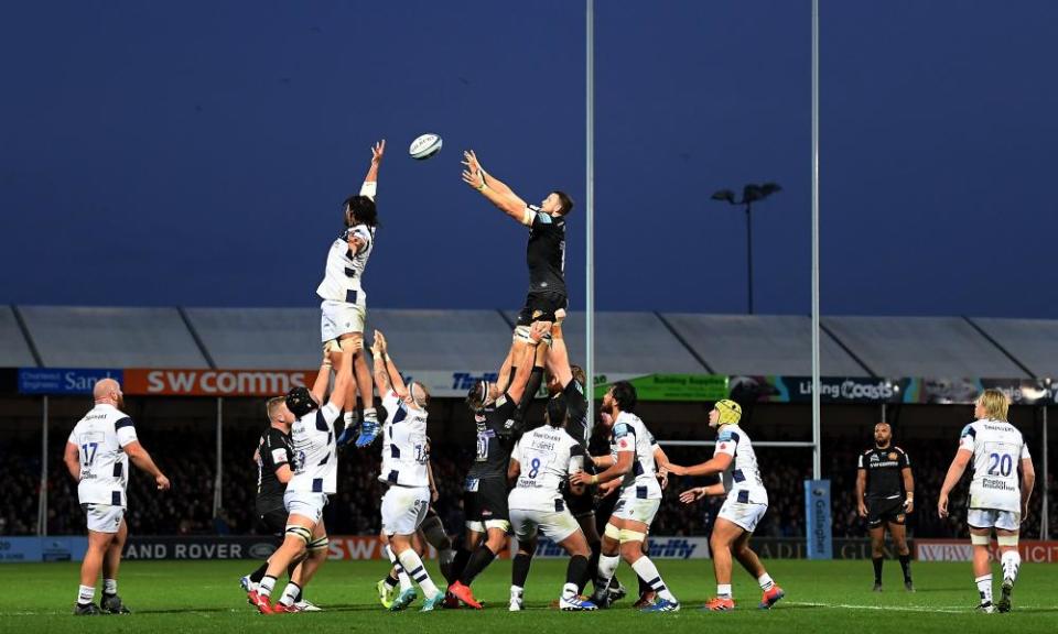 Jonny Hill of Exeter wins the ball in the lineout during the Premiership defeat to Bristol last Sunday.