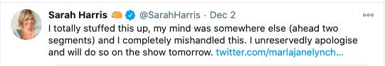 Sarah Harris also apologised on Twitter. Photo: Twitter/Sarah Harris