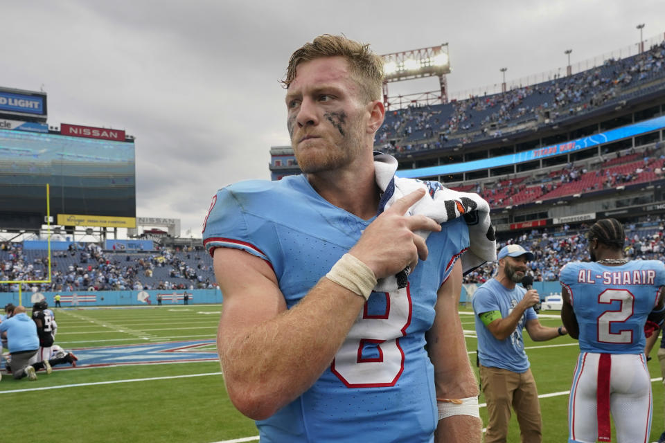 Tennessee Titans quarterback Will Levis threw four touchdown passes in his NFL debut on Sunday. (AP Photo/George Walker IV)