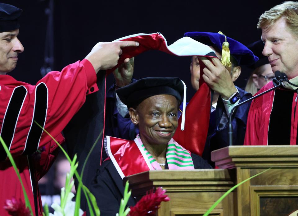 Francis Battle receives her honorary degree during the University of Utah’s commencement in Salt Lake City on Thursday, May 4, 2023. | Jeffrey D. Allred, Deseret News