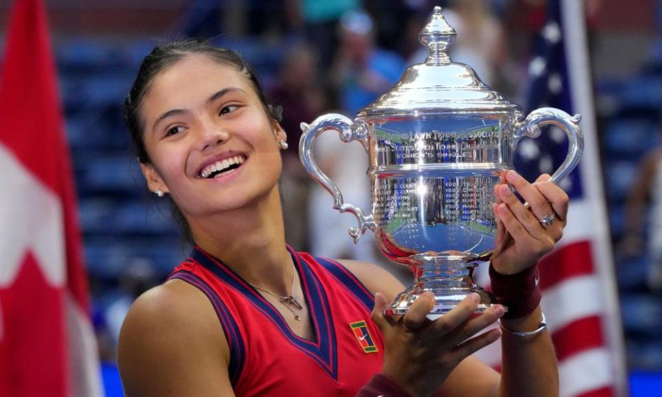 Emma Raducanu celebrates with the US Open trophy after beating Canada’s Leylah Fernandez in the final at Flushing Meadows.