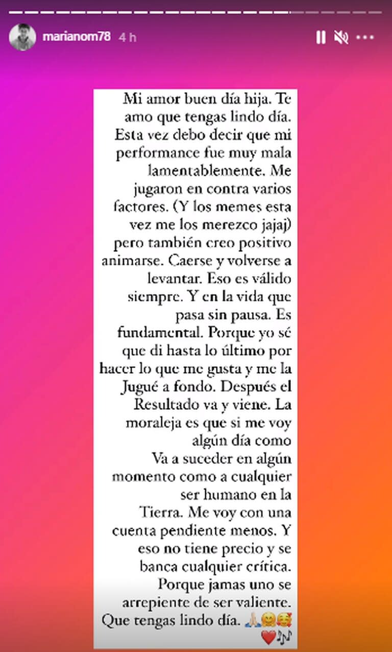 El actor le pidió disculpas a su hija por el show fallido. Fuente: Instagram