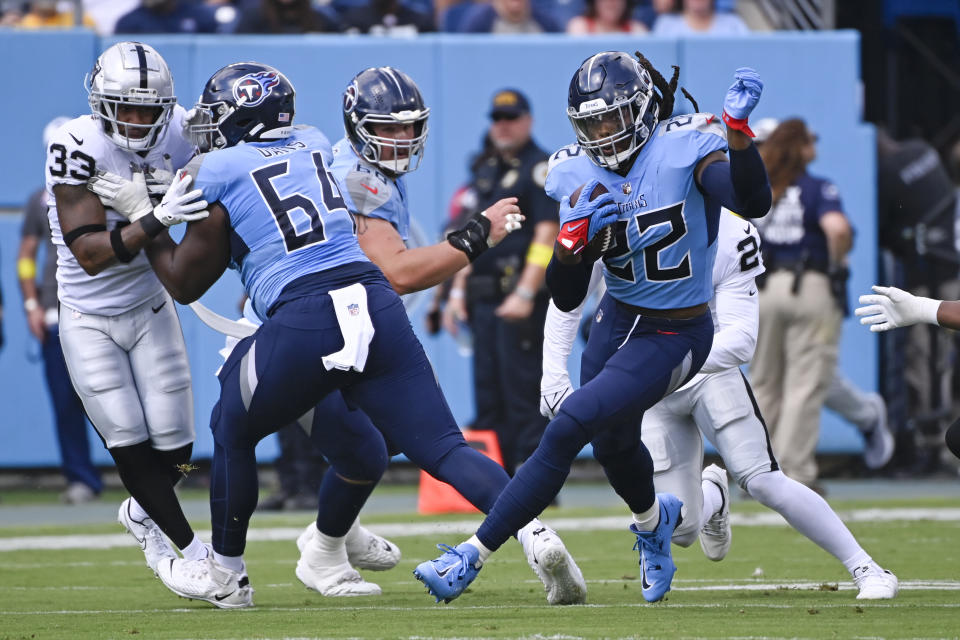 Tennessee Titans running back Derrick Henry (22) carries the ball against the Las Vegas Raiders in the first half of an NFL football game Sunday, Sept. 25, 2022, in Nashville, Tenn. (AP Photo/Mark Zaleski)