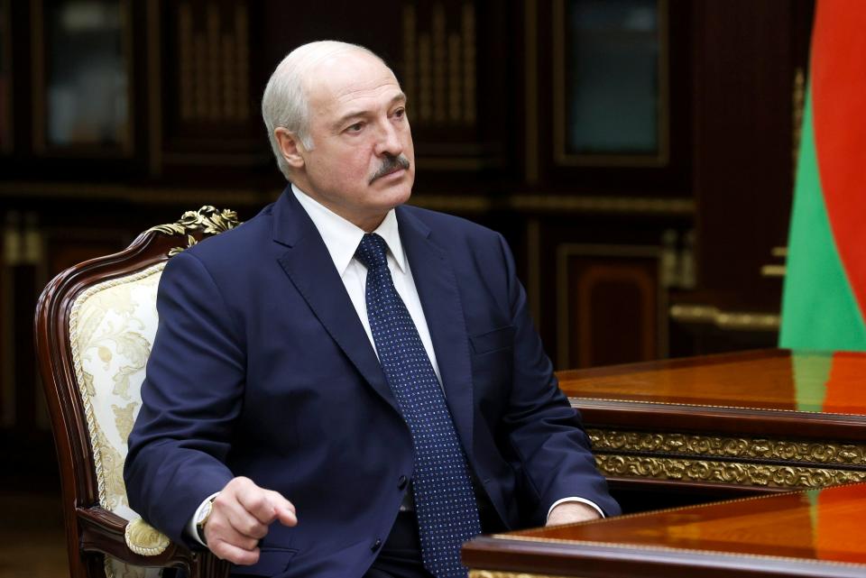 Belarusian President Alexander Lukashenko listens to the head of the Investigative Committee Ivan Naskevich during their meeting in Minsk, Belarus, Monday, Sept. 7, 2020.