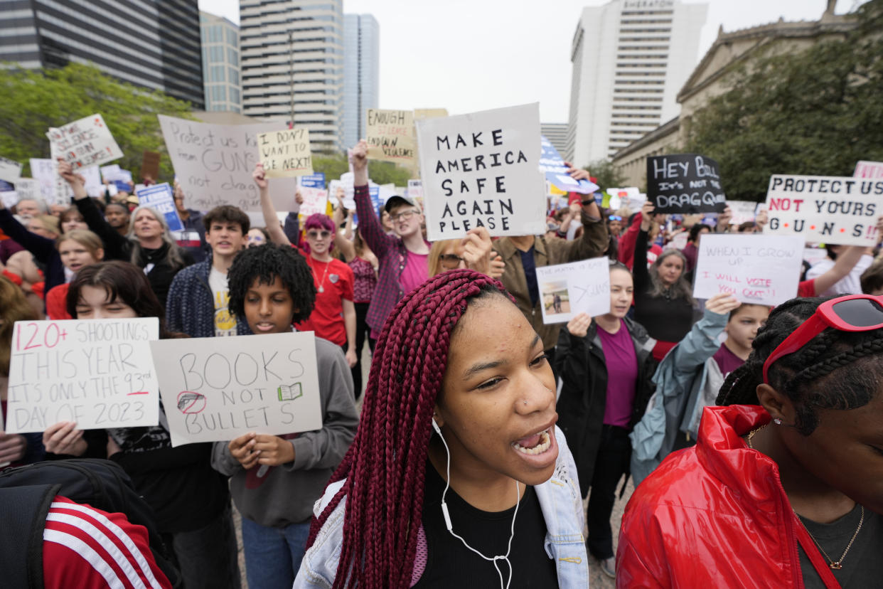 Cheyenne Harris yells with other demonstrators at the March for Our Lives anti gun protest outside the State Capitol in Nashville, Tenn., on Monday, April 3, 2023. (AP Photo/George Walker IV)
