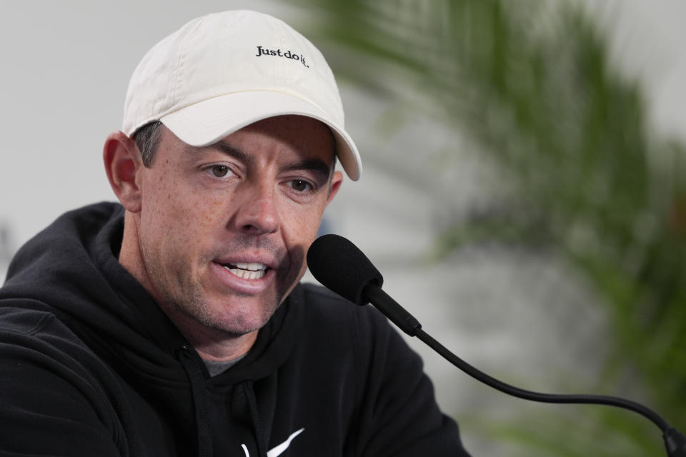 Rory McIlroy, of Northern Ireland, speaks during a news conference at the U.S. Open golf tournament Tuesday, June 11, 2024, in Pinehurst, N.C. (AP Photo/Matt York)