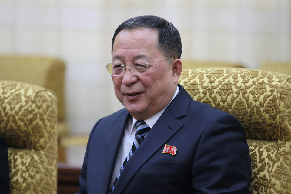 In this Feb. 13, 2019, photo, North Korean Foreign Minister Ri Yong Ho meets his Vietnamese counterpart Pham Binh Minh at the Mansudae Assembly Hall in Pyongyang, North Korea. Ri called U.S. Secretary of State Mike Pompeo a “poisonous plant of American diplomacy” who hampers efforts to restart nuclear negotiations. Ri issued crude insults against Pompeo on Friday, Aug. 23, 2019 to protest what he called Pompeo’s recently reported comments that Washington will maintain crippling sanctions on North Korea unless it denuclearizes. (AP Photo/Jon Chol Jin)