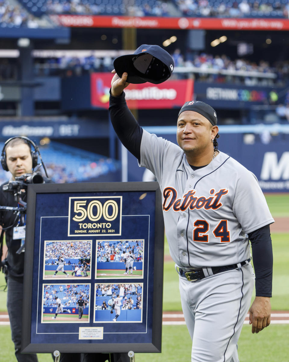 Detroit Tigers designated hitter Miguel Cabrera (24) is honored by the Toronto Blue Jays organization for hitting his 500th career home run in Toronto last season, ahead of a baseball game against the Blue Jays in Toronto, Thursday, April 13, 2023. (Cole Burston/The Canadian Press via AP