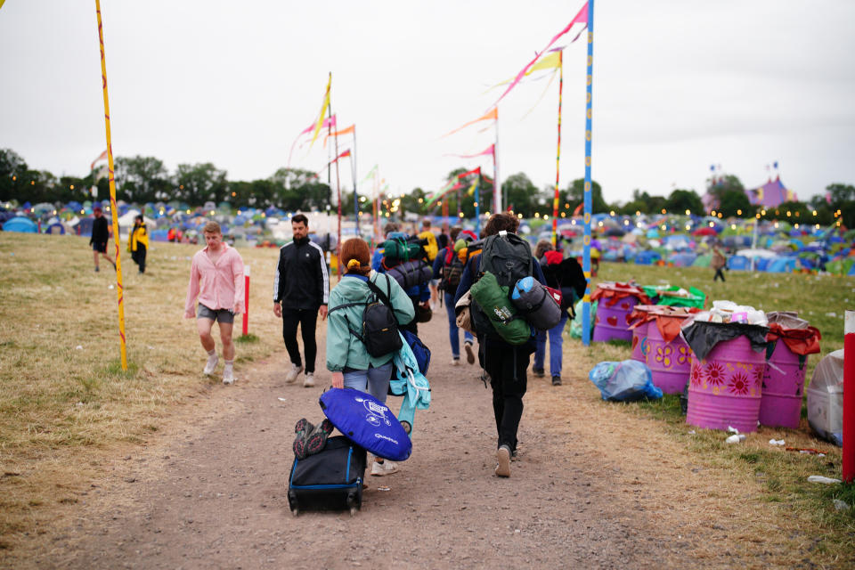 People leave Worthy Farm in Somerset following the Glastonbury Festival. Picture date: Monday June 27, 2022. (Photo by Ben Birchall/PA Images via Getty Images)