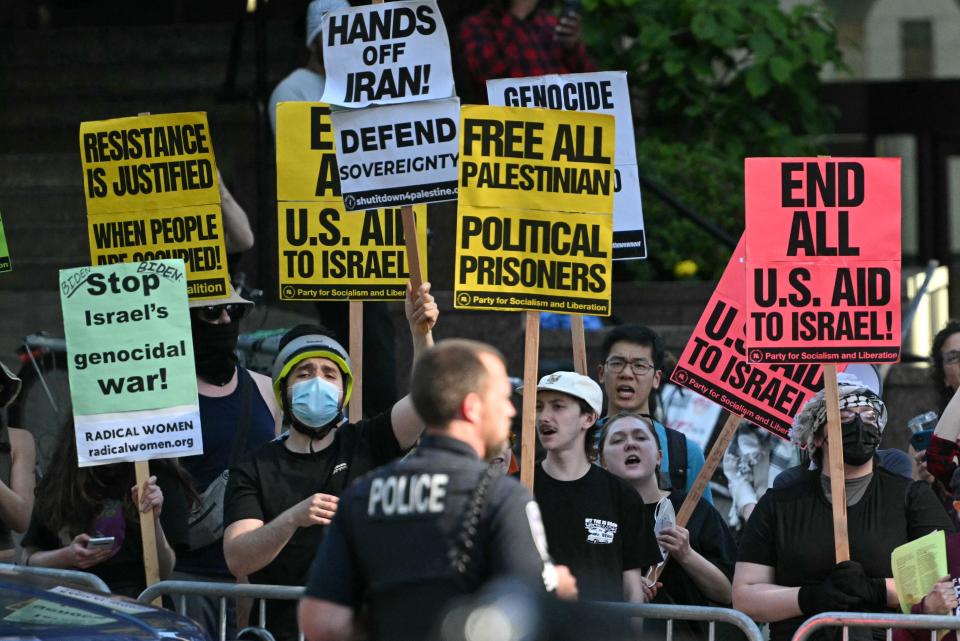 Pro-Palestinian demonstrators protest outside a fundraiser event US President Joe Biden is attending in Seattle, Washington on May 10, 2024. (Photo by Mandel NGAN / AFP) (Photo by MANDEL NGAN/AFP via Getty Images) ORIG FILE ID: 2151840066