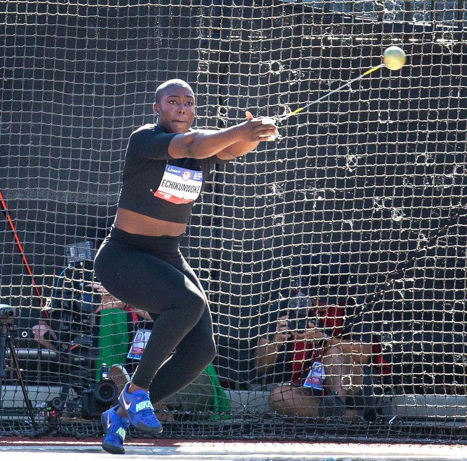 Annette Echikunwoke competes in the women’s hammer throw on her way to gold during day 3 of the U.S. Olympic Trials at Hayward Field in Eugene Sunday, June 23, 2024.