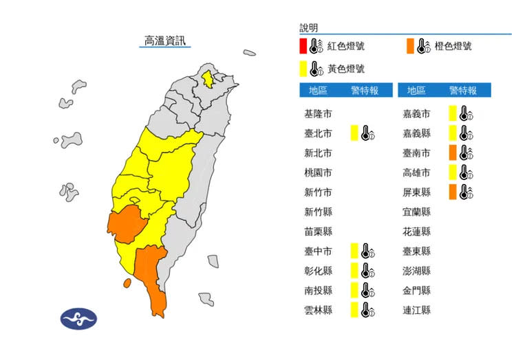 氣象署今發布10縣市高溫警戒。。氣象署提供