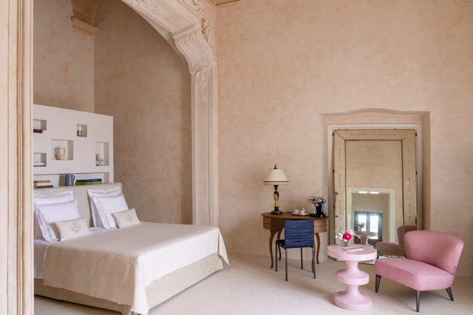 The bedroom of the master suite at Castello di Ugento.