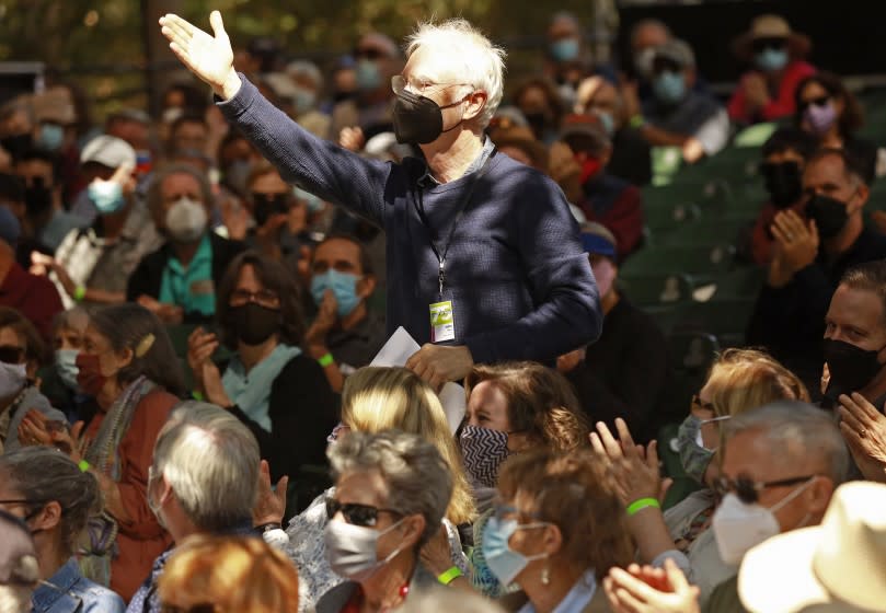 OJAI, CA - SEPTEMBER 17: Music Director John Adams stands to acknowledge the Attacca Quartet performing some of his compositions at the Libbey Bowl for the Ojai Music Festival on Friday September 20, 2021. This is the first time the festival is back in 18 months as Ojai requires everyone to be vaccinated and wear masks. Libbey Bowl on Friday, Sept. 17, 2021 in Ojai, CA. (Al Seib / Los Angeles Times).