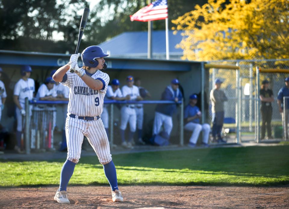 Blanchet Catholic's Dylan Cuff (9) prepares to bat during the game against Kennedy on Wednesday, May 8, 2024 in Salem, Ore.