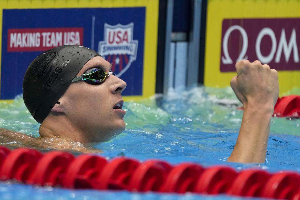 Caeleb Dressel reacts after the Men's 50 freestyle finals Friday, June 21, 2024, at the US Swimming Olympic Trials in Indianapolis. (AP Photo/Michael Conroy)