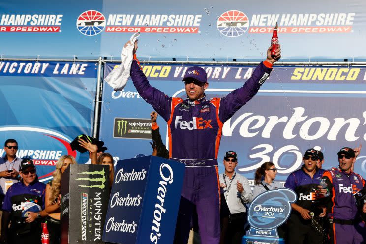 Denny Hamlin crashed his primary car in practice on Friday. He won on Sunday. (Getty)