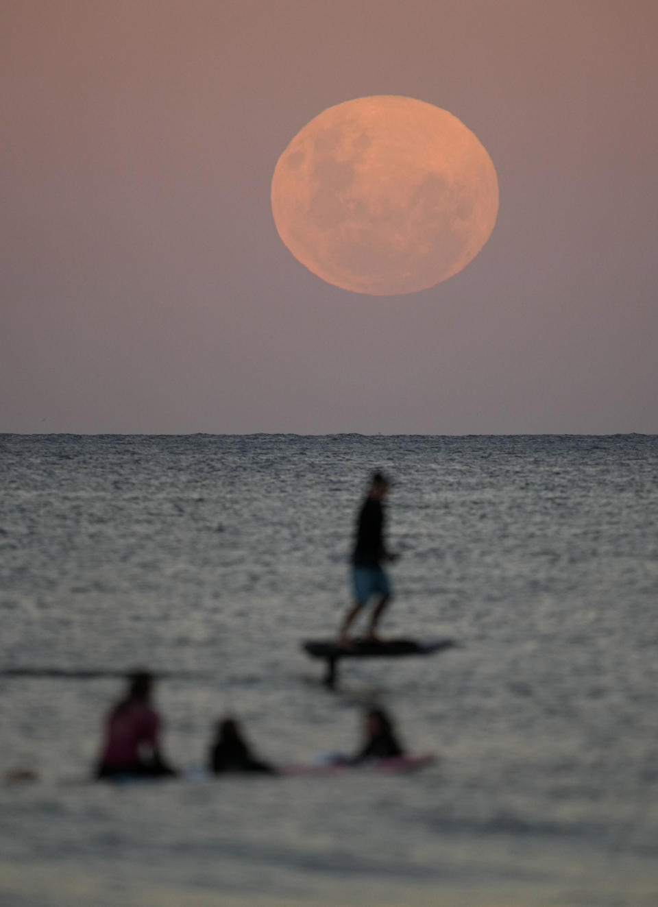 The moon rises as surfers wait for waves in Sydney Wednesday, May 26, 2021. A total lunar eclipse, also known as a Super Blood Moon, will take place later tonight as the moon appears slightly reddish-orange in colour. (AP Photo/Mark Baker)
