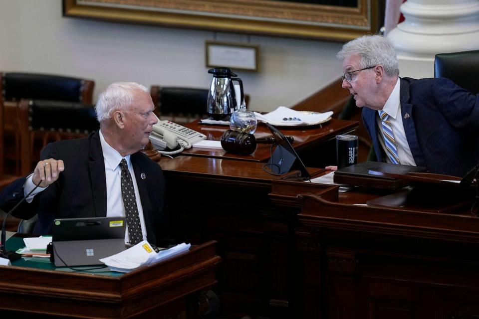 PHOTO: Texas Lt. Gov. Dan Patrick talks with witness Maxwell, former director of law enforcement at the attorney general's office, as he testifies during the impeachment trial for Texas Attorney General Paxton at the Texas Capitol, Sept. 8, 2023. (Eric Gay/AP)