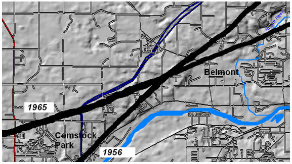Paths of the 1956 and 1965 tornadoes crossed near Samrick Avenue in Comstock Park