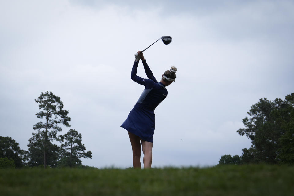 Nelly Korda follows her shot on the sixth tee during the third round of the Chevron Championship LPGA golf tournament Saturday, April 20, 2024, at The Club at Carlton Woods, in The Woodlands, Texas. (AP Photo/Eric Gay)