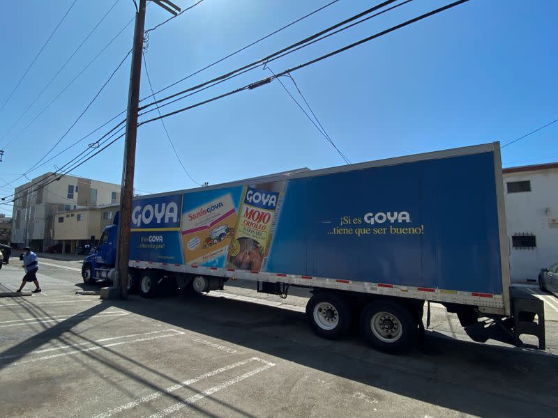 A Goya food product truck is seen outside a supermarket in Los Angeles