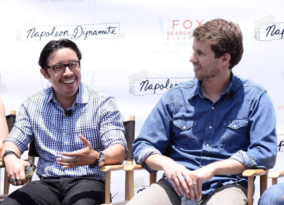 Actor Efren Ramirez, left, and actor Jon Heder attend the Napoleon Dynamite statue dedication and cast panel discussion on the 20th Century Fox Studios lot in Los Angeles in 2014.