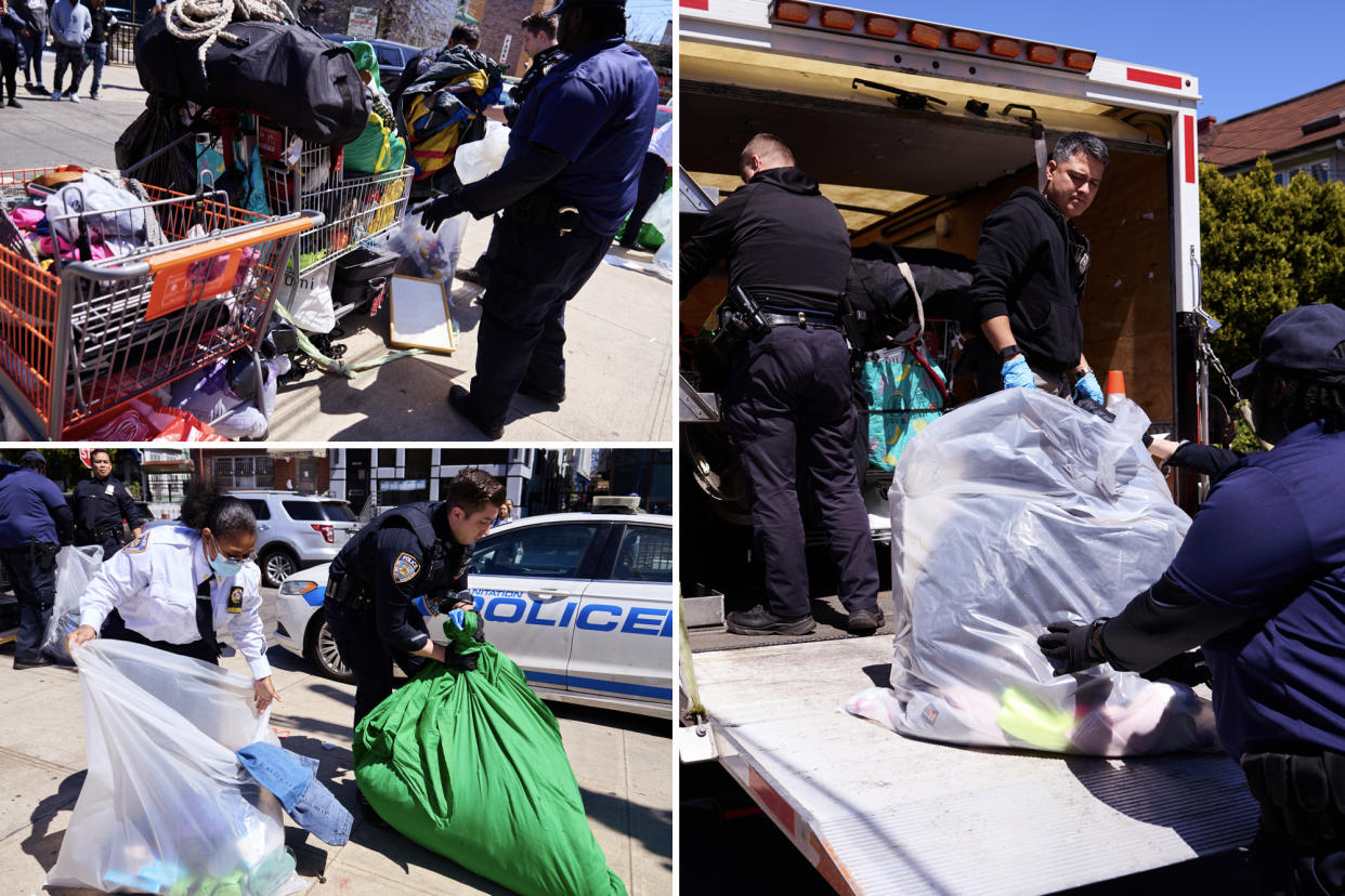 Members of the New York City Police Department conducted a raid and confiscated clothing, shoes, bags and other items from vendors who were selling items on the sidewalk near the intersection of Elmhurst Avenue and Roosevelt Avenue on Tuesday, April 16, 2024 in Queens, New York