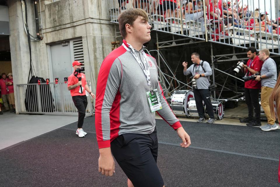 Offensive lineman Ian Moore, out of New Palestine, Indiana, walks toward the field before Ohio State's Sept. 3 game against Notre Dame.