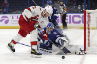 Tampa Bay Lightning goaltender Andrei Vasilevskiy makes a save against Carolina Hurricanes' Jordan Staal during the first period of an NHL hockey game Tuesday, April 20, 2021, in Tampa, Fla. (AP Photo/Mike Carlson)