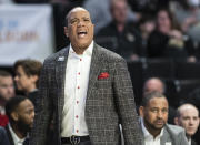 North Carolina State head coach Kevin Keatts directs his team in the first half of an NCAA college basketball game against Wake Forest on Saturday, Jan. 28, 2023, at Joel Coliseum in Winston-Salem, N.C. (Allison Lee Isley/The Winston-Salem Journal via AP)