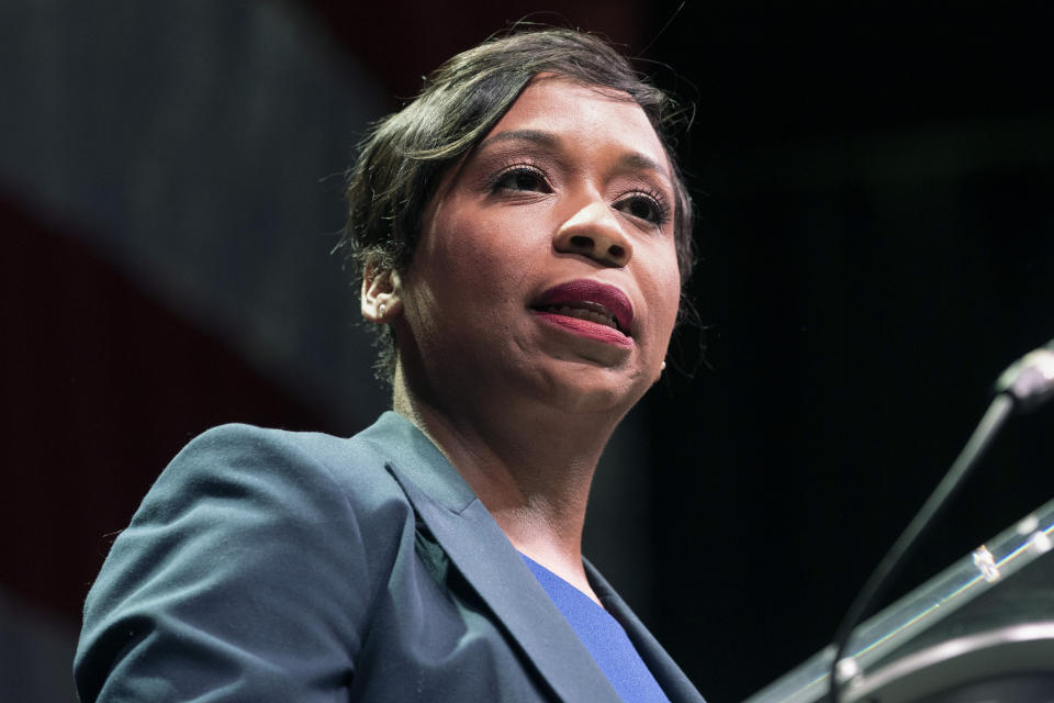 FILE - Boston City Councilor and candidate for state attorney general Andrea Campbell speaks during the state's Democratic party convention, Saturday, June 4, 2022, in Worcester, Mass. Campbell is going up against workers’ rights attorney Shannon Liss-Riordan in the Massachusetts Democratic primary on Tuesday, Sept. 6. (AP Photo/Michael Dwyer, File)