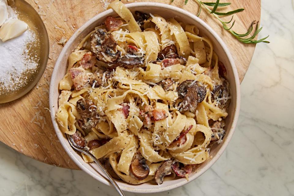 <p>Sure, everyone loves <a href="https://www.delish.com/cooking/recipe-ideas/g3176/weeknight-pasta-dinners/" rel="nofollow noopener" target="_blank" data-ylk="slk:pasta;elm:context_link;itc:0;sec:content-canvas" class="link ">pasta</a>. But pasta + bacon + mushrooms? That's just out of control. Even if you don’t love mushrooms, you really need to give this recipe a shot. The bacon here will no doubt complement that shroomy texture and earthy taste, and we also love using pancetta here, too. Creamy and comforting, we’re (over)confident this tagliatelle will become your fast friend.</p><p>Get the <strong><a href="https://www.delish.com/cooking/recipe-ideas/a38917277/tagliatelle-recipe/" rel="nofollow noopener" target="_blank" data-ylk="slk:Tagliatelle With Bacon & Mushrooms recipe;elm:context_link;itc:0;sec:content-canvas" class="link ">Tagliatelle With Bacon & Mushrooms recipe</a></strong>. </p>