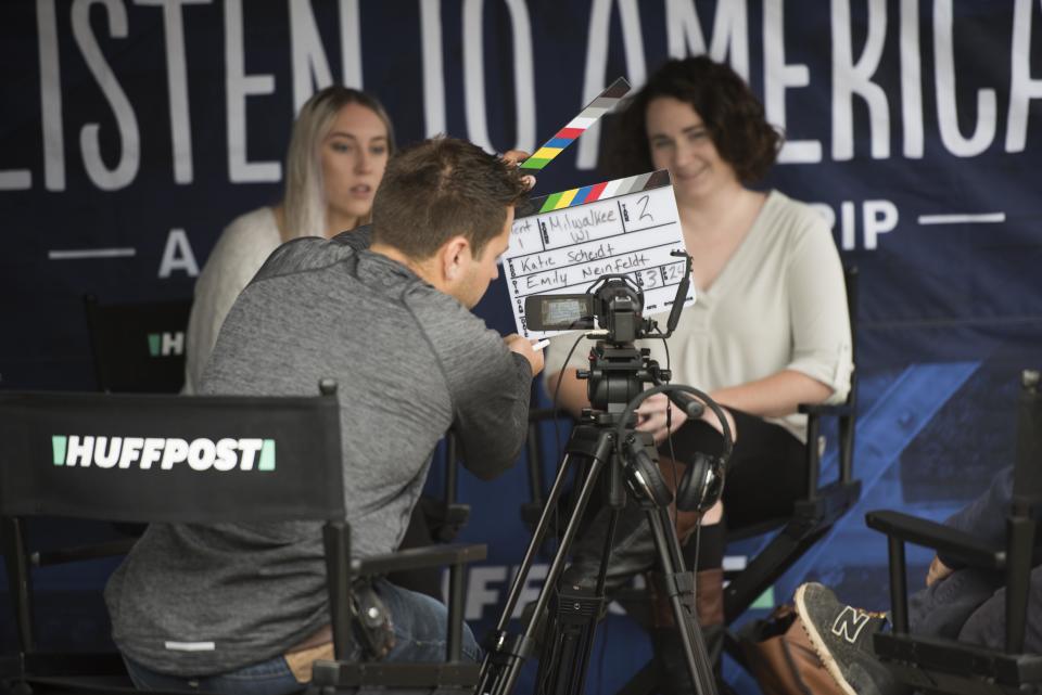 Emily Neinfeldt and Katie Scheidt prepare to be interviewed.